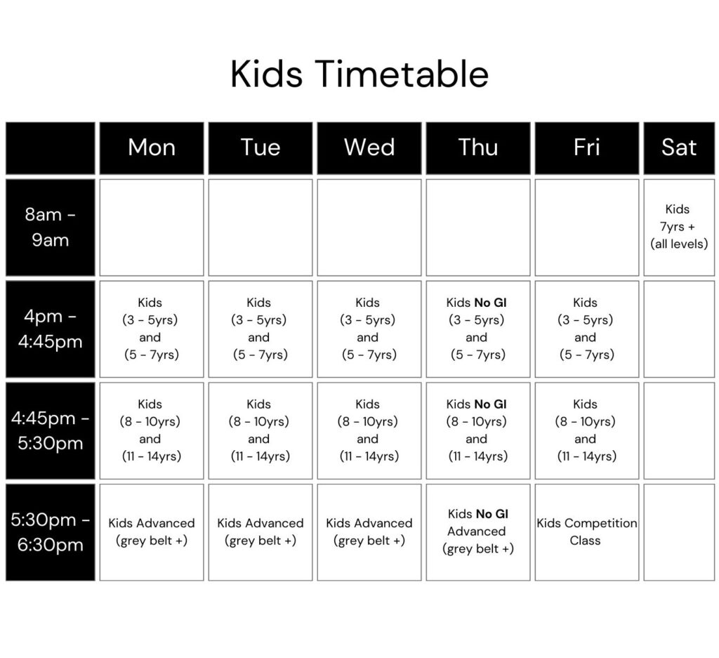 Portal Jiu Jitsu Ballina Kids Timetable 2024