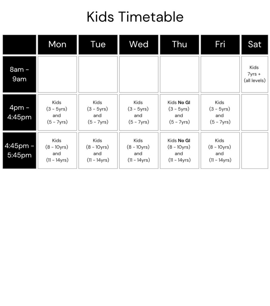 Timetable for the kids classes at portal jujitsu Ballina